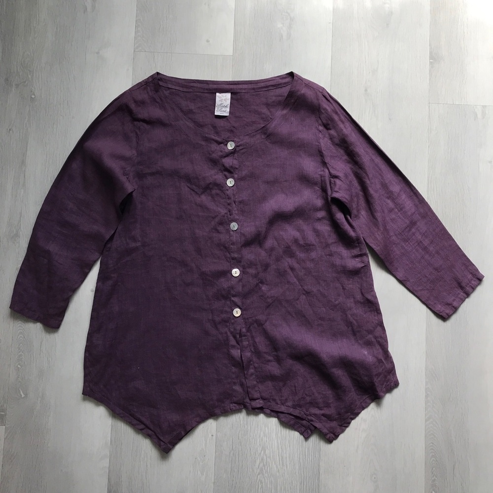 MATCH POINT LINEN PURPLE BLOUSE TUNIC BUTTON LONG SLEEVE WOMENS LARGE